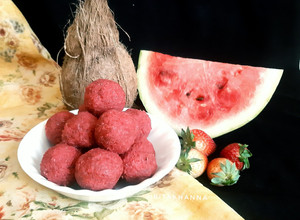 A picture of Strawberry Nariyal aur Tarbuz ke chilke ke Laddoo.