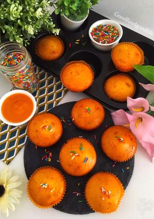 A picture of Eggless Alphonso mango cupcake.