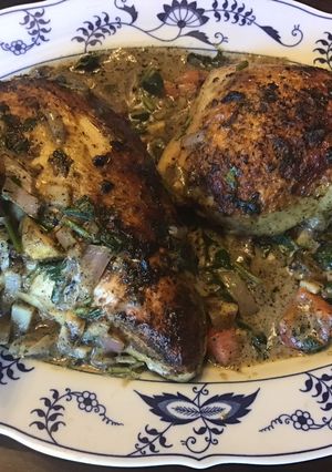 A picture of California Farm Cajun Spice Chicken in Holy Trinity Cream Sauce.