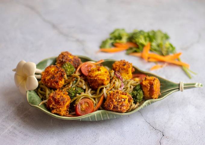 Pea noodle Stir fried with crispy mustard and turmeric tofu