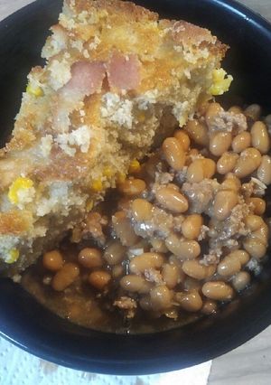 A picture of Beans and Burger with Onions.