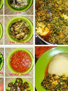 A picture of Egusi soup served with semo.