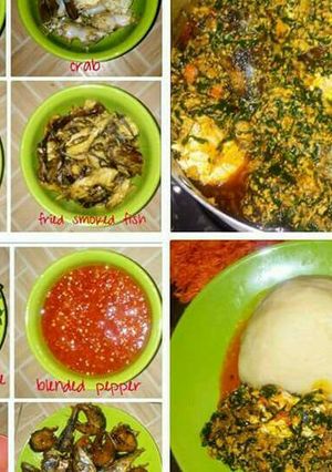 A picture of Egusi soup served with semo.