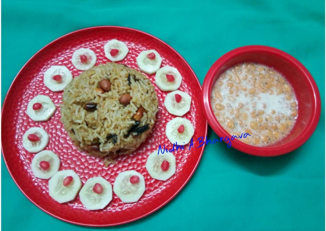 Peanut rice with bundi raita