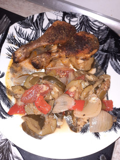 A picture of Provençal Ratatouille and Baked Chicken Drumsticks.