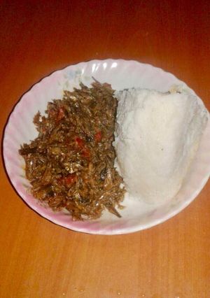 A picture of Delicious Wet fried Herrings and Ugali.