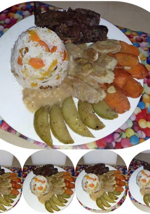 Una foto de Carne asada con arroz a la jardinera al vapor, crema de garbanzo y vegetales alcalinos
