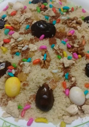 A picture of Seffa (Sweet Couscous with Raisins).