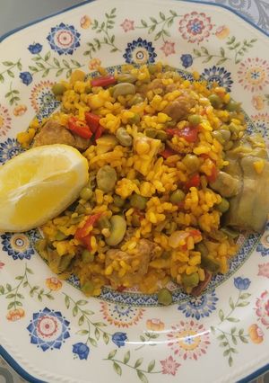 A picture of Paella with Fresh Fava Beans and Pods.