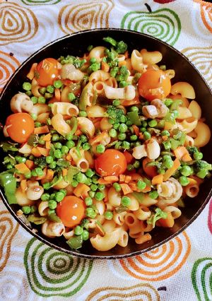 A picture of Elbow Pasta with Veggies, Mushrooms,Cheesy Tomatoes, Rosemary.
