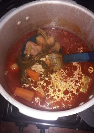 A picture of Beef Soup in a Pressure Cooker.