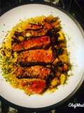 Ranch Steak with Roast Mix Potatoes, Red Onions and Peppercorn Sauce