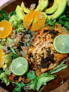 A picture of Lime'n'thyme salmon with quinoa basil salad.