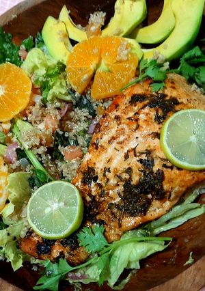 A picture of Lime'n'thyme salmon with quinoa basil salad.