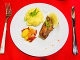 Grilled Salmon with Mashed Potato and Sauteed Baby Corn