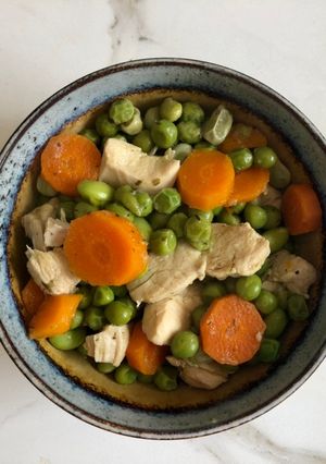 A picture of "Busy Mom"  Quick and easy Pea, Carrot & Chicken Stew (vegan friendly).