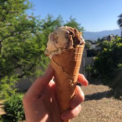 A picture of Vanilla bean ice cream with ginger biscuits, caramel and chocolate.