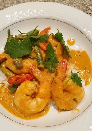 A picture of Prawns with penang or red curry with rice.