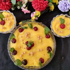 Mango shrikhand with butterscotch A picture of Mango shrikhand with butterscotch.