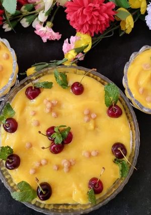 A picture of Mango shrikhand with butterscotch.