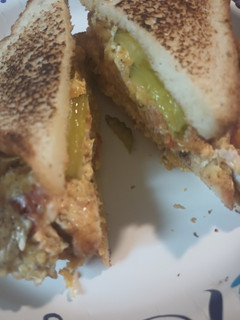 A picture of Closest thing to an Omelette Sandwich as I will make.