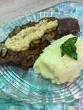 Bife de lomo con champiñones y hummus