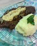 Bife de lomo con champiñones y hummus