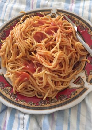 A picture of Pasta with homemade ketchup.