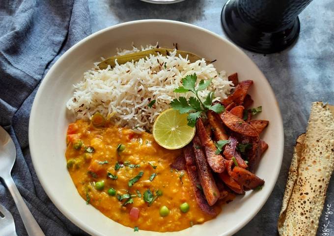 Veggie loaded Daal, Jeera rice, Ube Chips