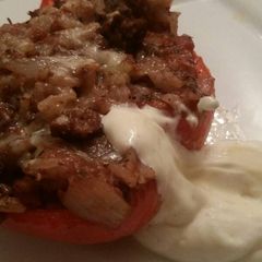 A picture of Beef & Tomato Stuffed Peppers w/ Yogurt Sauce.