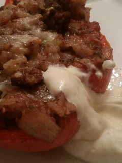 A picture of Beef & Tomato Stuffed Peppers w/ Yogurt Sauce.