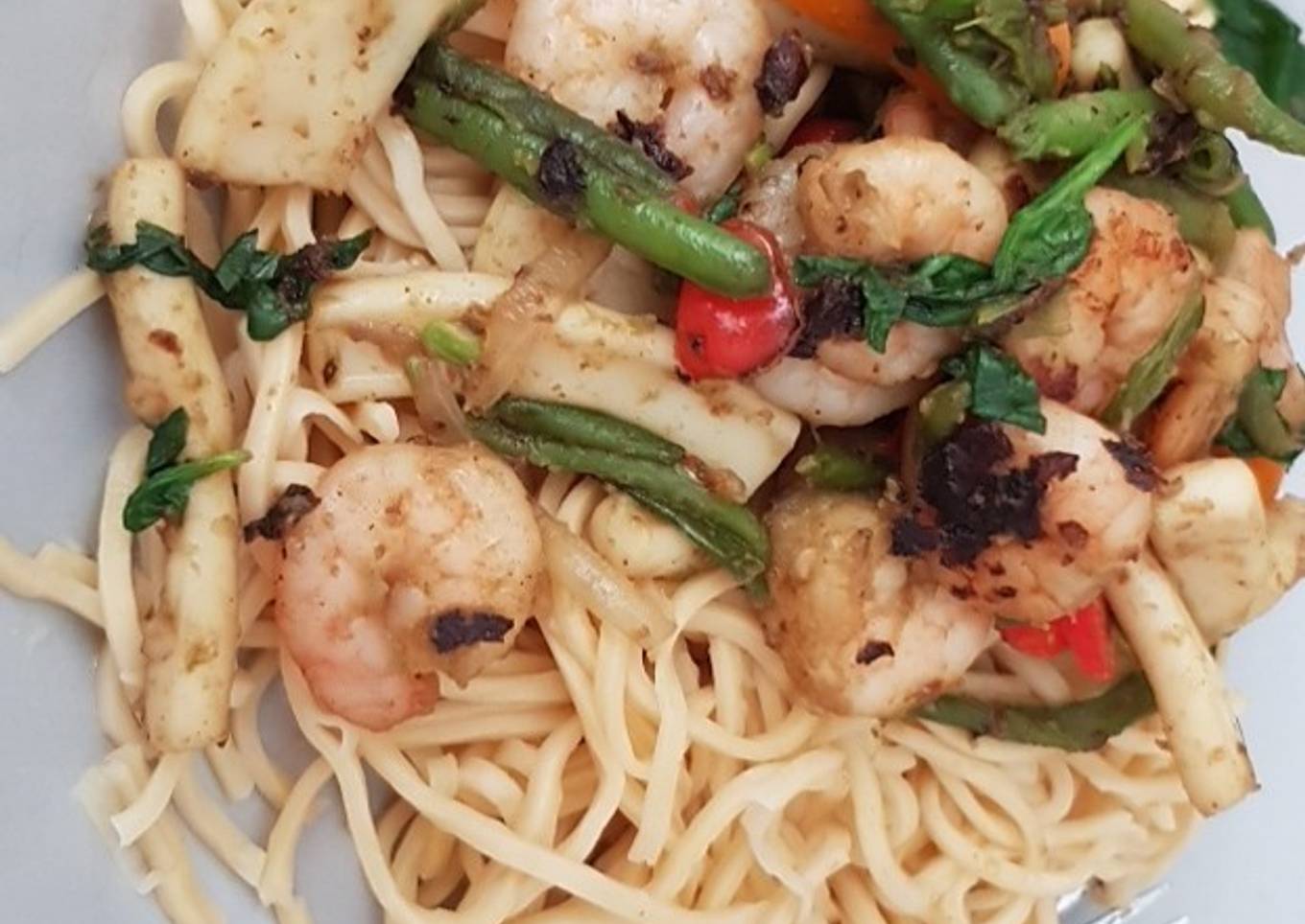My Garlic Stir fry King prawns & chopped Squid & Noodles
