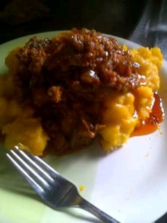 A picture of Asaro with Meat ball stew.