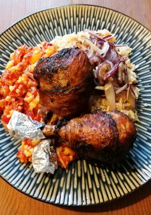 A picture of Crisp Chilli Chicken lollipops, Mango, Red Onion, Pepper, Lemon Salsa & Caramelised Onion Brown Rice.