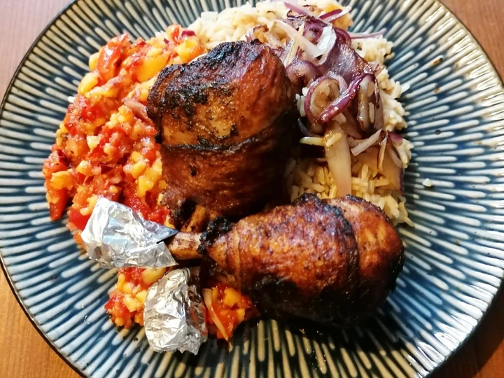 Easy Way Make Recipe Crisp Chilli Chicken lollipops, Mango, Red Onion, Pepper, Lemon Salsa &amp;amp; Caramelised Onion Brown Rice that is  Makes Drooling, Can Spoil the Tongue}