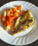 Filetti di platessa e erbe aromatiche al forno con batata e patata in insalata