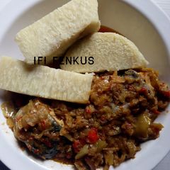 A picture of Yam and garden egg sauce.