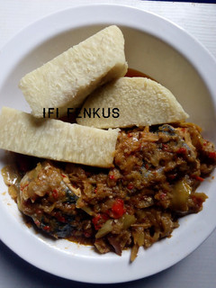 A picture of Yam and garden egg sauce.