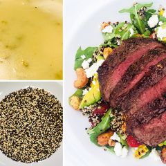 A picture of Fullblood Wagyu Chuck Tender Salad with Lemon Oregano Vinaigrette.