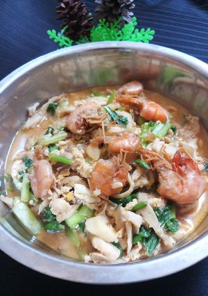 Foto resep Udang manis campur jamur tiram orak arik telur+sawi hijau