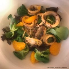 A picture of Salt & Pepper Calamari with Noodle & Mandarin Salad.