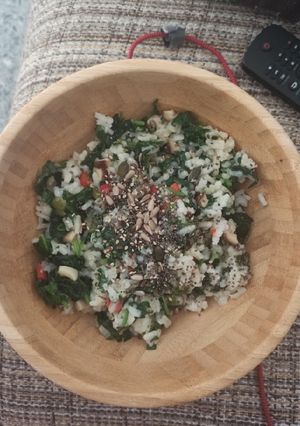 Una foto de Arroz con verdura y setas shiitake