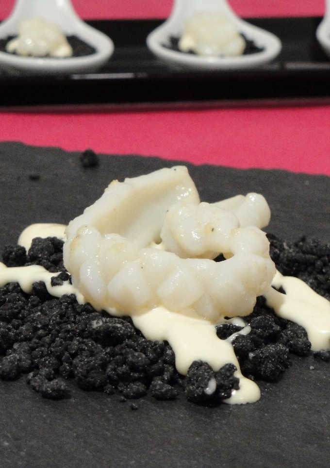 Una foto de Calamares sobre tierra de tinta de calamar. Vídeo-receta