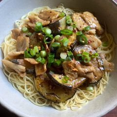 Pork & Eggplant Capellini (Angel Hair Pasta) A picture of Pork & Eggplant Capellini (Angel Hair Pasta).