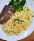 Garlic butter rice with fried salmon