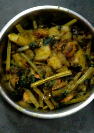A picture of Lau shak chingri chorchori(bottle gourd leaves prawn curry).