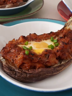 Una foto de Berenjenas con huevo -sin carne-