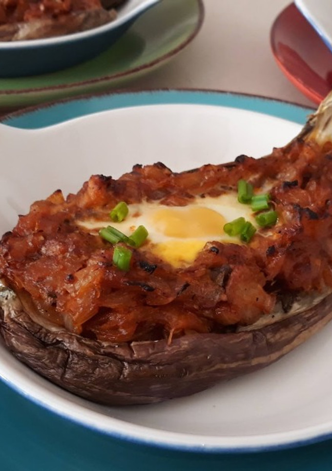 Una foto de Berenjenas con huevo -sin carne-