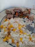 Cecina blanca con legumbres y arroz con granos de elotes