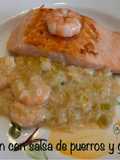 Salmón con salsa de puerros y gambas